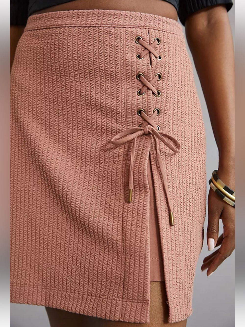 Anthropologie Lace-Up Knit Mini Skirt in Dusty Rose - Picture 3 of 6